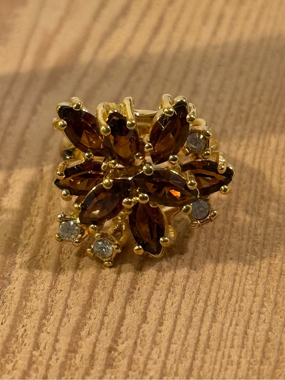 Vintage CCI Gold Tone Smoky Quartz Glass Marquise Cluster Cocktail Ring Sz 5.75
